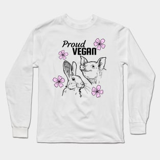 Proud vegan design featuring pig, rabbit and pink flowers Long Sleeve T-Shirt